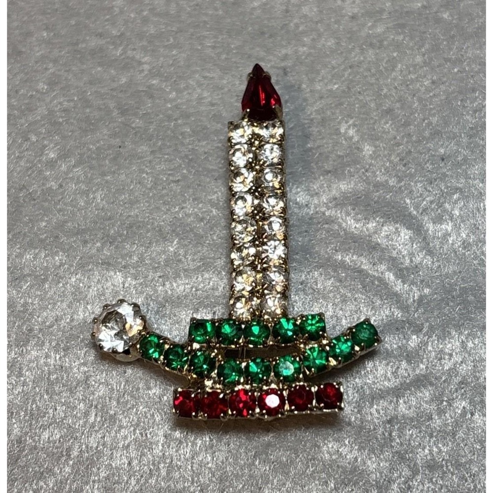 Vtg Rhinestone Christmas Holiday Candle Pin Brooch Gold Tone Red Green Clear
